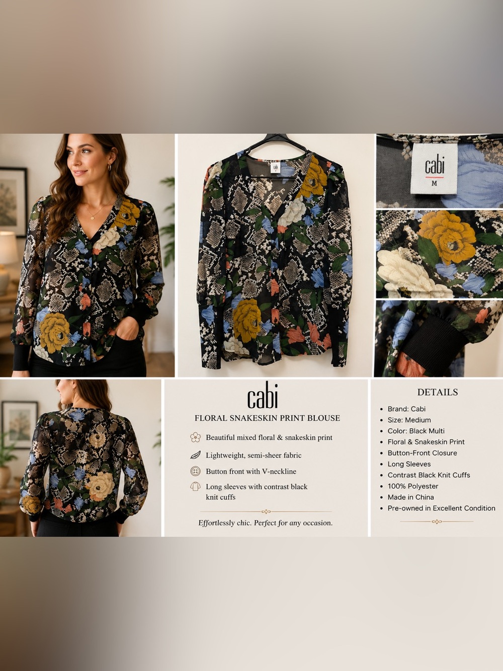 Cabi Women's Medium Sheer Floral Snakeskin Print Button Front Blouse Top M
